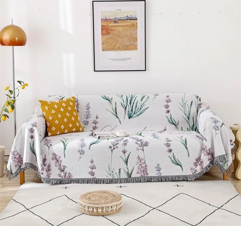 Selimut Sofa Campuran Kapas Lavender Gaya Perancis untuk Sofa Tiga Tempat Duduk