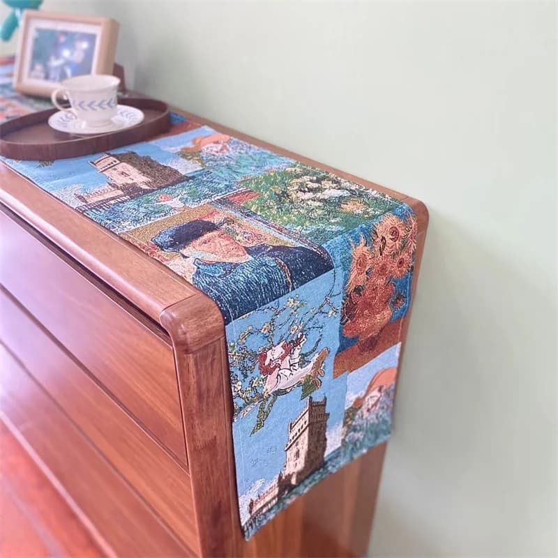 Pelapik Meja Gaya Van Gogh Kain Hiasan Campuran Linen Kapas