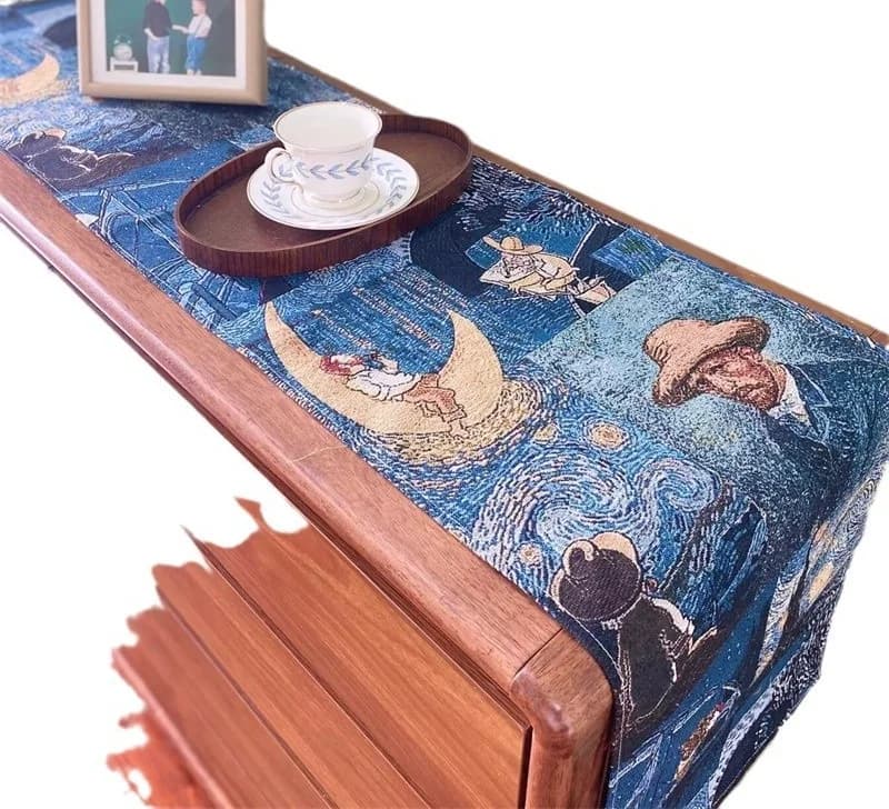 Pelapik Meja Gaya Van Gogh Kain Hiasan Campuran Linen Kapas