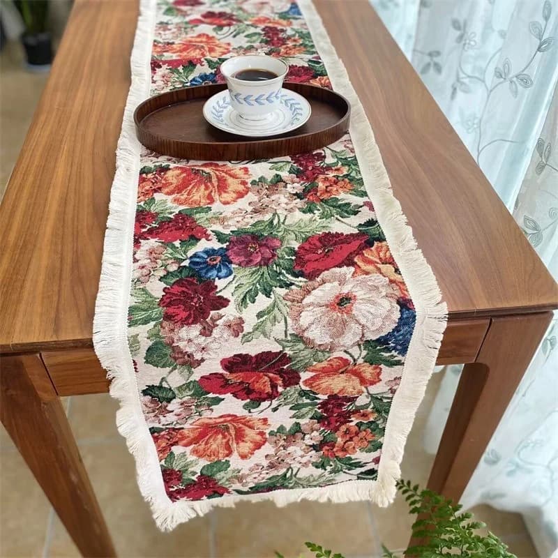 Pelari Meja Campuran Kapas Linen Gaya Eropah Vintage dengan Corak Bunga