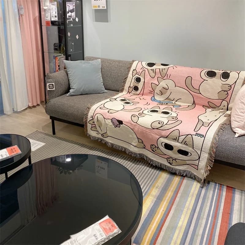 Selimut Sofa Kartun Kucing Merah Jau untuk Kerusi Single
