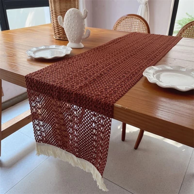 Pelari Meja Lace Kapas Rustik dengan Jumbai untuk Hiasan Makan