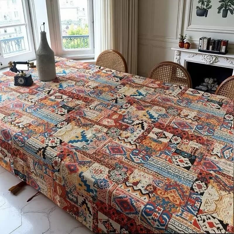 Kain Meja Jacquard Bohemian Retro Corak Geometri Penutup Dekoratif