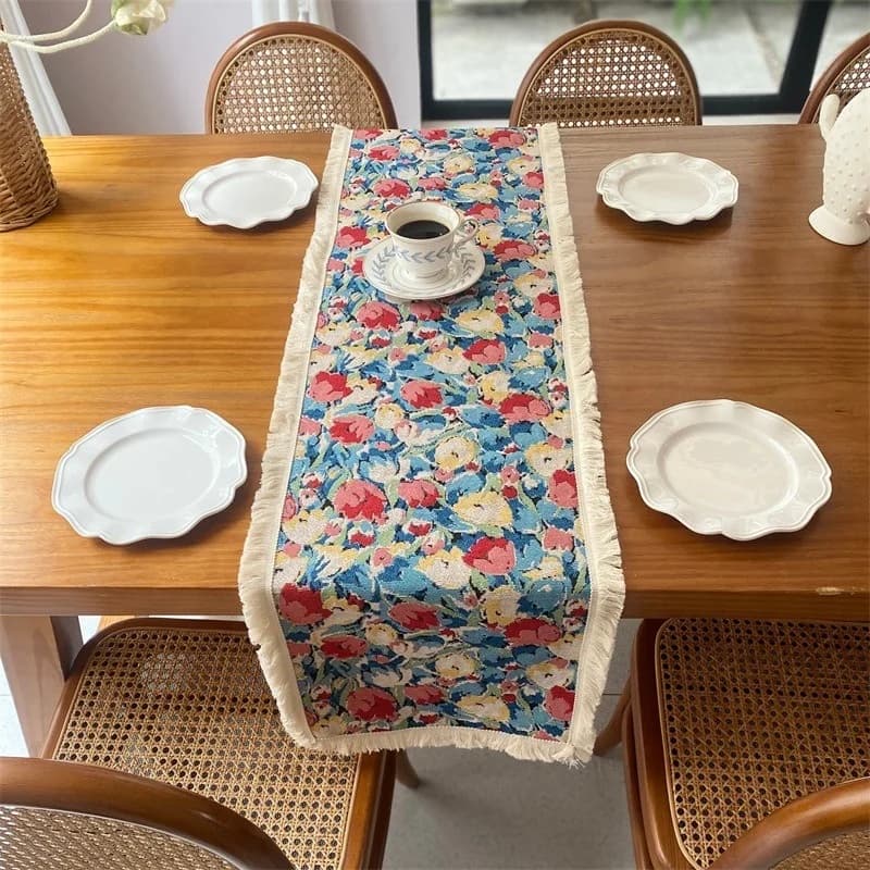 Pelapik Meja Jacquard Kapas Linen Reka Bentuk Bunga Nordic