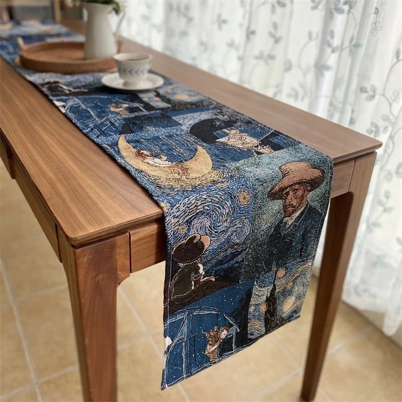 Pelari Meja Campuran Kapas Linen Gaya Van Gogh untuk Hiasan Rumah