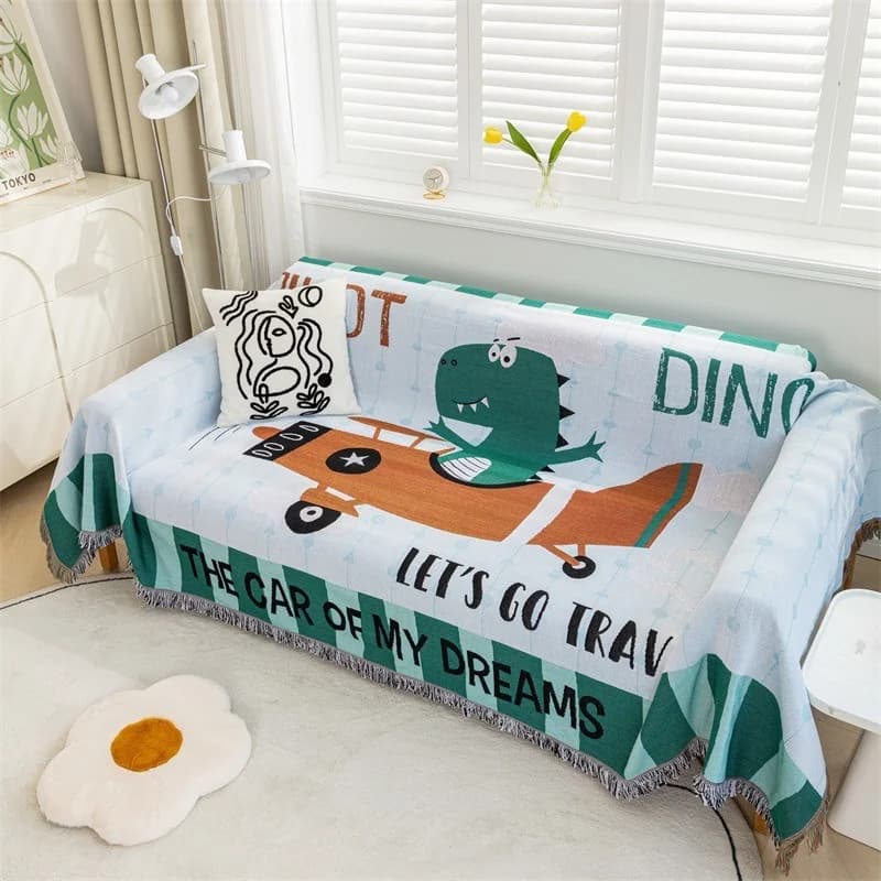 Sarung Sofa Kartun Dinosaur dengan Rumbai, Liputan Penuh