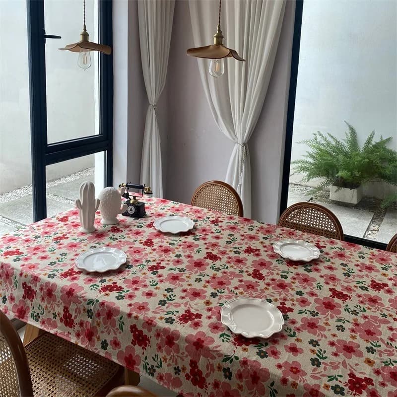 Kain Meja Jacquard Bunga Merah Jambu Penutup Hiasan Segi Empat Tepat Campuran Kapas