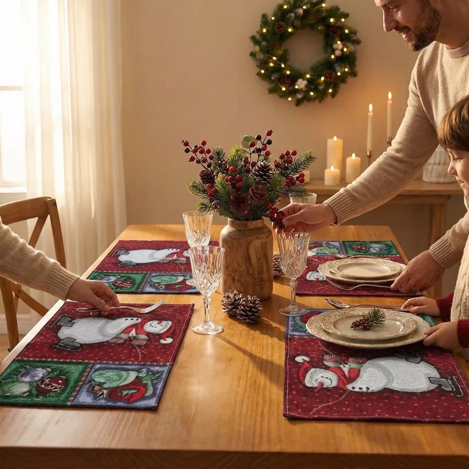 Pelari Meja Krismas Kain Campuran Kapas Linen Hiasan Perayaan untuk Ruang Makan