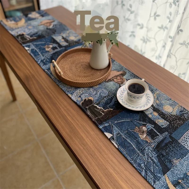 Pelari Meja Campuran Kapas Linen Gaya Van Gogh untuk Hiasan Rumah