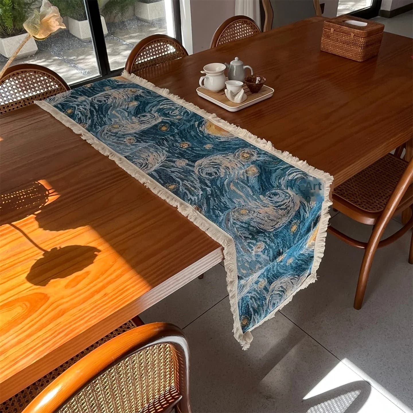Pelapik Meja Gaya Van Gogh Starry Night Kain Kapas Campuran