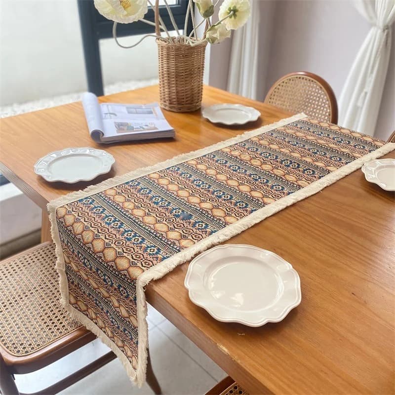 Pelari Meja Bohemian Geometri Abstrak Kapas Campuran