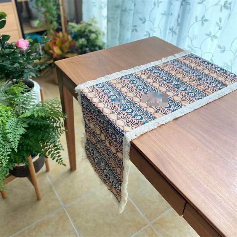 Pelari Meja Geometri Bohemian Kain Hiasan Campuran Kapas Linen