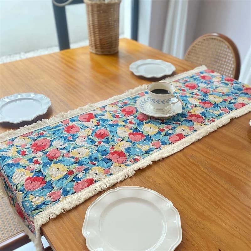 Pelapik Meja Jacquard Kapas Linen Reka Bentuk Bunga Nordic