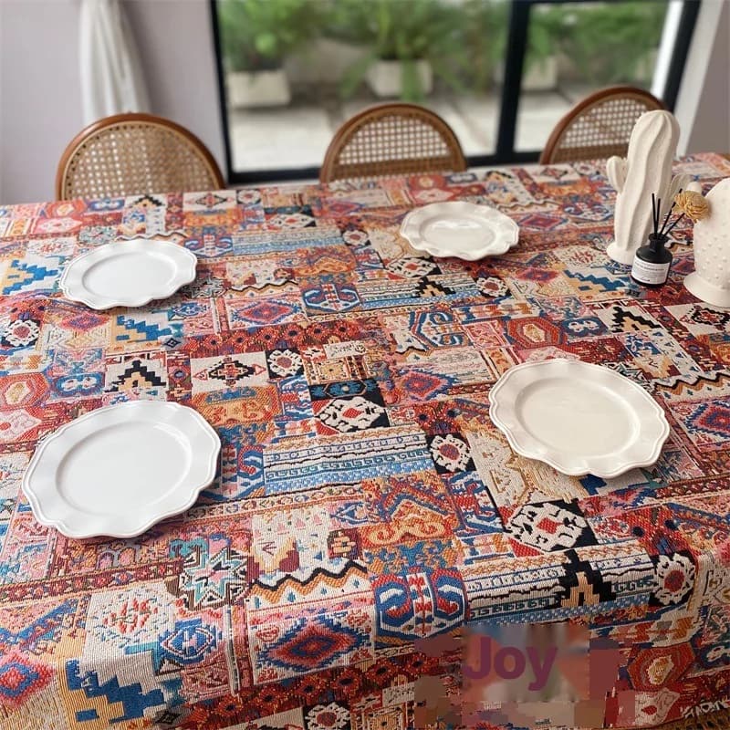 Kain Meja Jacquard Bohemian Retro Corak Geometri Penutup Dekoratif