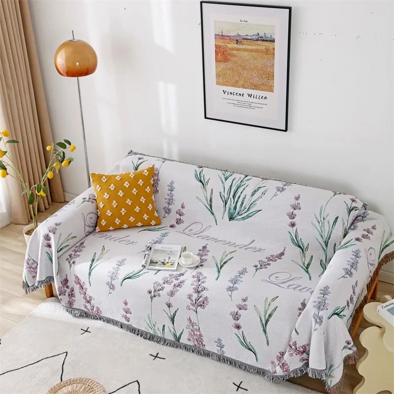 Selimut Sofa Campuran Kapas Lavender Gaya Perancis untuk Sofa Tiga Tempat Duduk