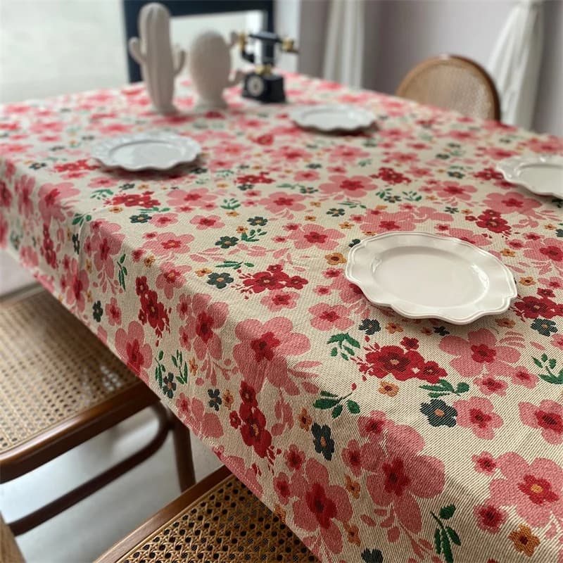 Kain Meja Jacquard Bunga Merah Jambu Penutup Hiasan Segi Empat Tepat Campuran Kapas