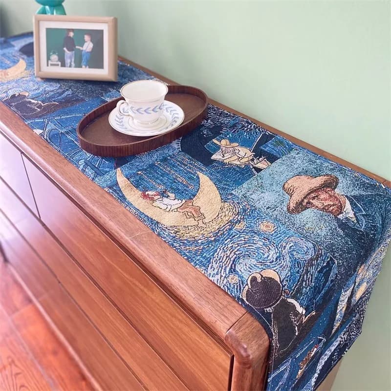 Pelapik Meja Gaya Van Gogh Kain Hiasan Campuran Linen Kapas