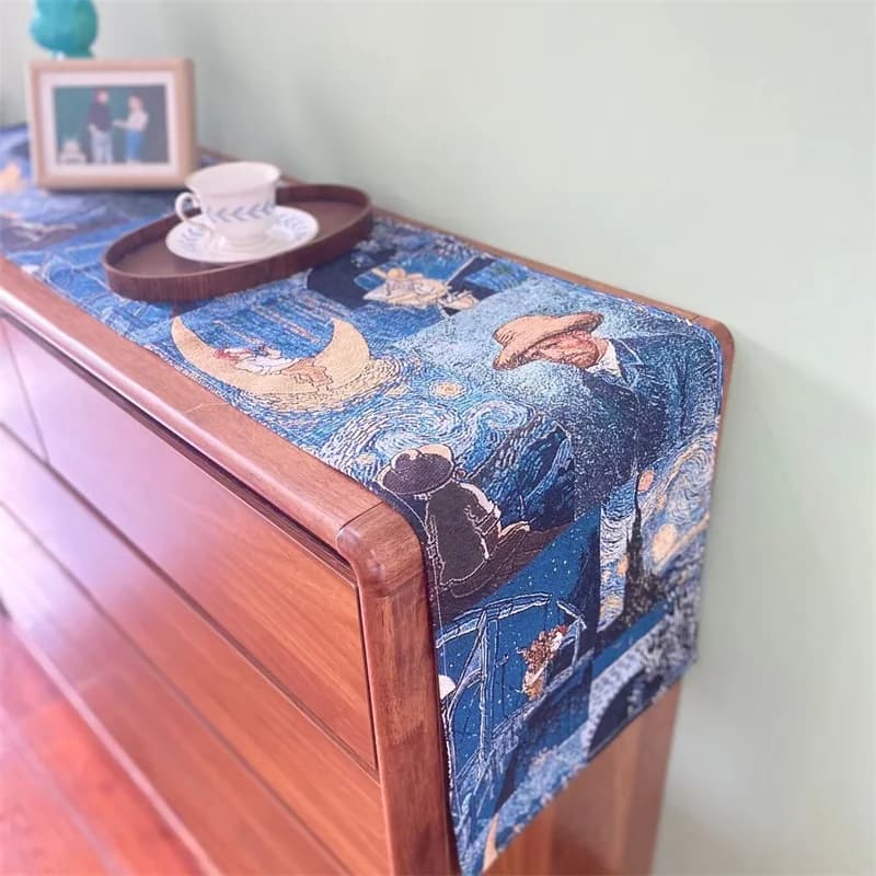 Pelapik Meja Gaya Van Gogh Kain Hiasan Campuran Linen Kapas