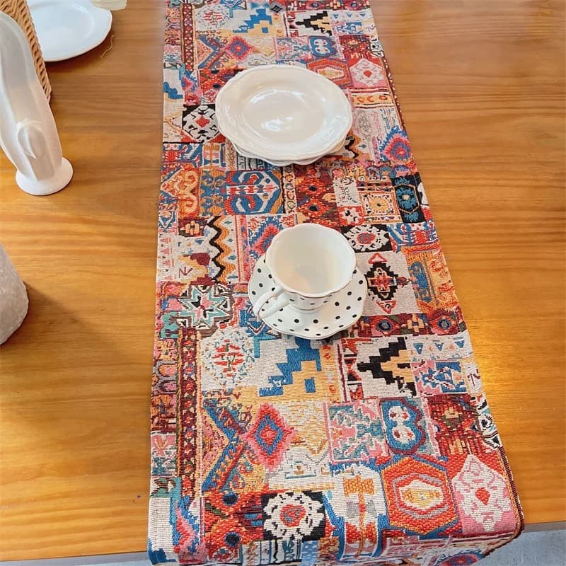 Pelari Meja Campuran Kapas Bohemian dengan Corak Geometri untuk Makan